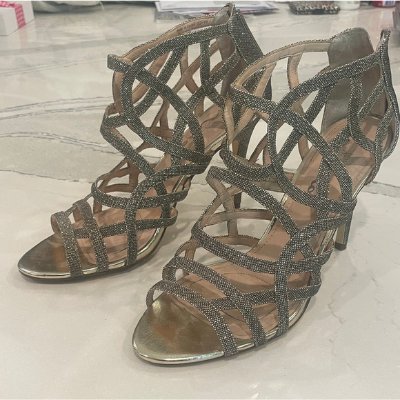 NINA Gold Sparkle Strappy Cage Zip Open-Toe Cocktail Wedding Heels - Picture 12 of 12
